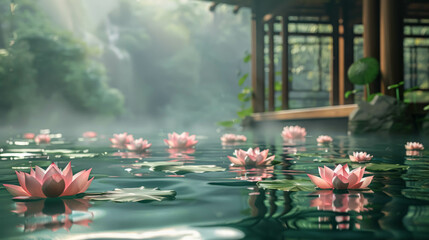 Serene Ambience With Water Basin, Lotus and Water Lilies. Japanese Inspired Landscape Background