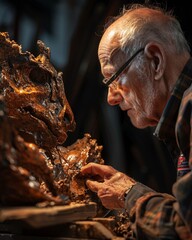 In a sunlit studio, a seasoned sculptor, focused and precise, tenderly shapes molten bronze The warm glow highlights intricate details of the sculpture Realistic, Sunlight,