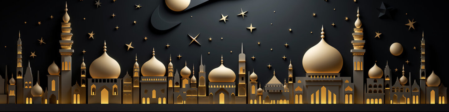 long, narrow, panorama golden palace greeting lights up at night fairy tale black background.