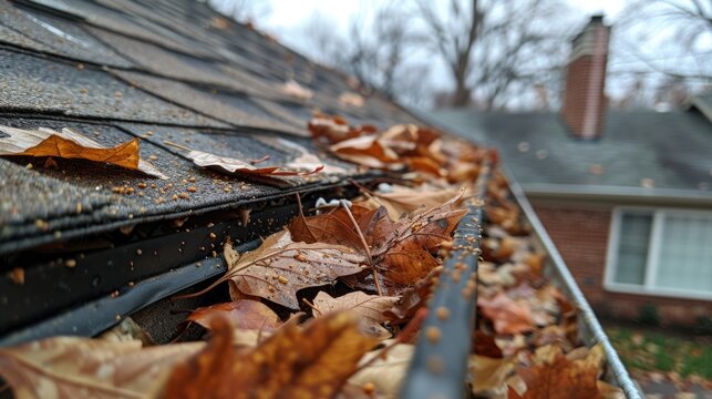 Close-up of red autumn leaves on house gutter guard.