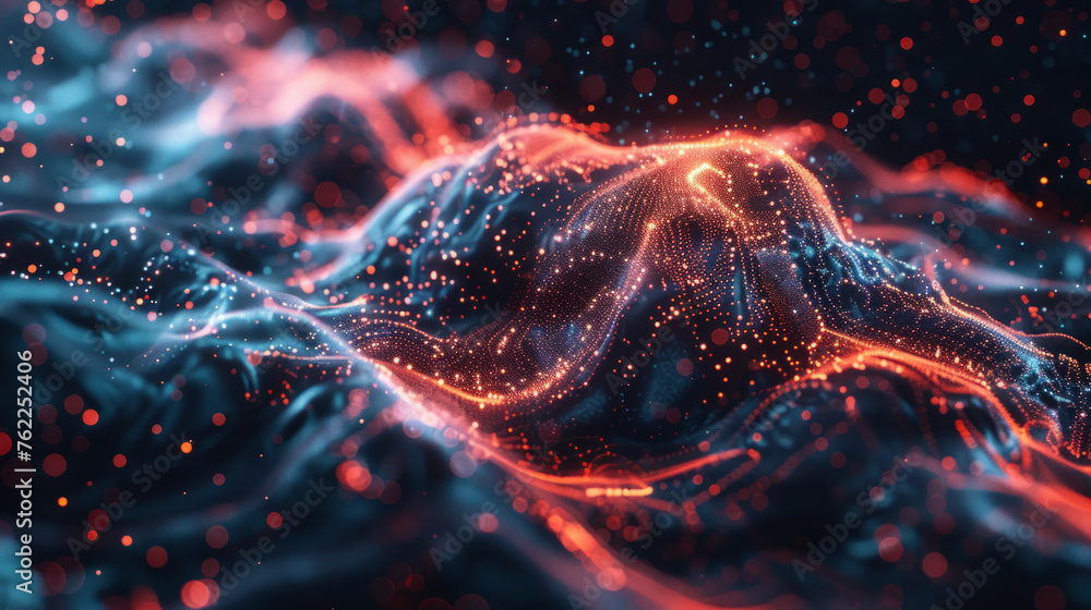 Poster abstract digital landscape with flowing red and blue neon particles creating a futuristic wavy terra