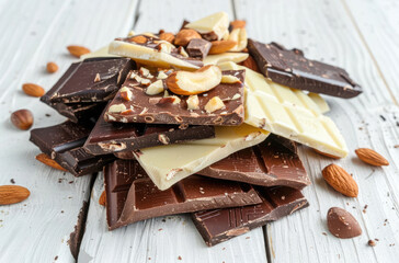 pieces of white, dark and milk chocolate with nuts on a light background