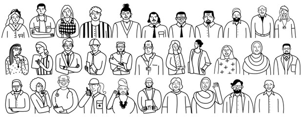 Characters smiling people different age and ethnicity. Young and old, woman, man, diversity. Vector outline illustration, linear, thin line, hand drawn sketch, doodle 