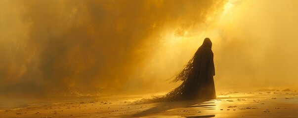 On a desolate beach, a figure in a hooded cloak sifts through sand, finding objects that trigger memories from different dimensions Painting style, silhouette lighting