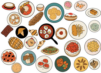 Jewish food set. Hand drawn vector flat illustration.