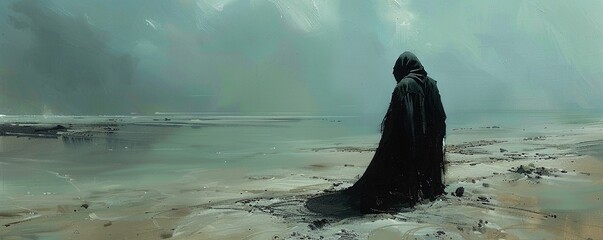 On a desolate beach, a figure in a hooded cloak sifts through sand, finding objects that trigger memories from different dimensions Painting style, silhouette lighting - obrazy, fototapety, plakaty