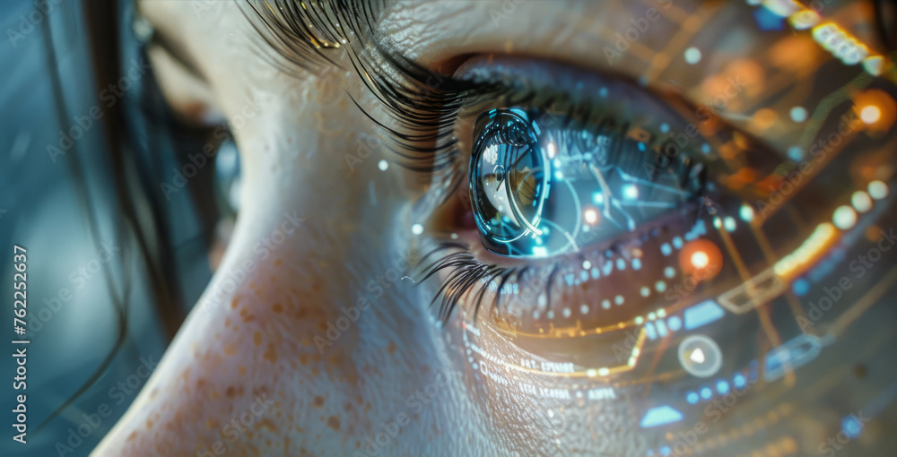 Poster close-up of a person's eye with reflections of digital data and interfaces superimposed, symbolizing