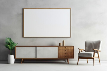 Minimalist living room featuring wooden cabinet and dresser against textured concrete backdrop. Vacant mock-up poster frame invites personalized artwork.