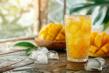 Background with detail of mango drink with a lot of ice on wooden table with fruit and a bowl with...