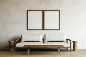 Minimalist interior featuring two sofas, an old wooden table, and an empty frame against the wall.