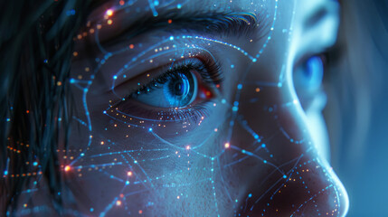 Close-up of a woman's eye augmented with digital biometric interface overlays, suggesting concepts of futuristic technology, cyber security, and artificial intelligence. - obrazy, fototapety, plakaty