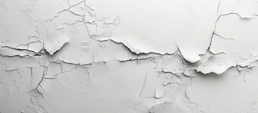 Fototapeta A detailed shot of a cracked white wall, resembling a monochrome landscape. The cracks look like frozen twigs in a liquid, creating a striking event in monochrome photography