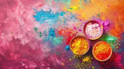 Vibrant powdered colors in bowls over a colorful abstract painted background - obrazy, fototapety, plakaty