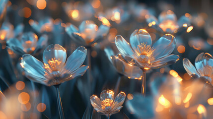A collection of illuminated flowers glowing against a dark backdrop, emitting a warm light that creates a serene, magical atmosphere.