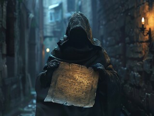 A hooded figure sneaks through a shadowy alley, clutching a scroll marked with esoteric symbols of a secret society Create a 3D render image, showcasing the figure in a silhouette lighting effect, enh