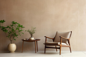Lounge chair and wooden table complementing beige stucco wall. - obrazy, fototapety, plakaty