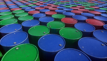 Storage of colorful rust metal barrels with toxic waste. Rows of rusty colored waste chemistry red barrels. Environment disaster concept.  