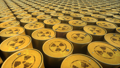 Rows of radioactive chemistry barrels. Storage of metal barrels with nuclear waste. Environment disaster concept. Landfill of radioactive waste.