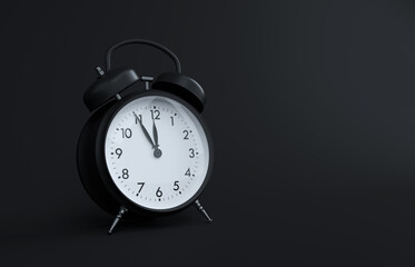 Black metallic vintage alarm clock on black background. Analogue alarm clock five to twelve all in black illustration.
