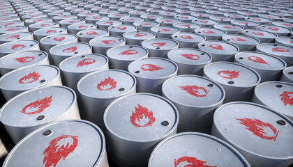 Rows of flammable chemistry barrels. Storage of metal barrels with toxic chemistry. Environment...