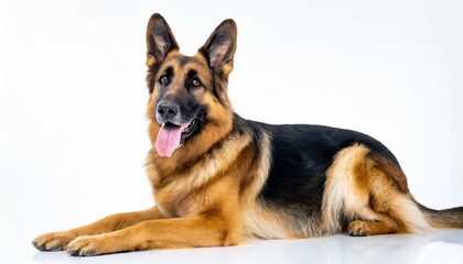 german shepherd dog - Canis lupus familiaris - domestic animal commonly trained for police force in America. isolated on white background laying down looking away from camera