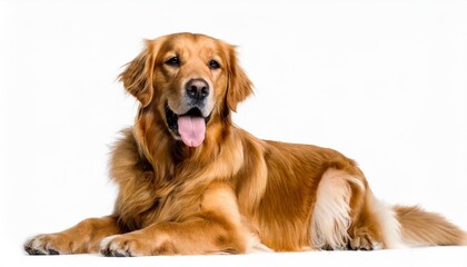 Golden Retriever dog - Canis lupus familiaris - great popular family domestic animal good with children isolated on white background tongue out while panting, laying and looking towards camera