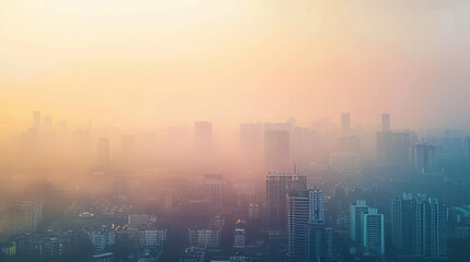 Smog city at daytime, dust. Buildings with bad weather and air pollution - obrazy, fototapety, plakaty