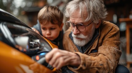 Grandfather and grandson examining electric vehicle charging point,