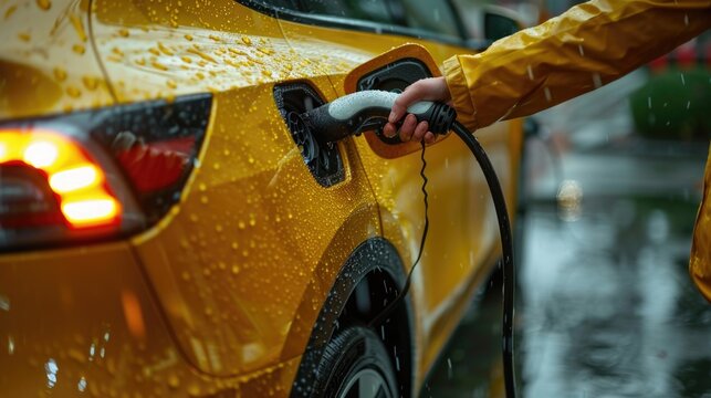 Person charging yellow electric car in the rain, Close-up shot with raindrops on car surface - Powered by Adobe