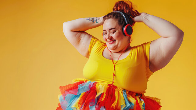Happy fat woman listens to music in headphones and dancing in colorful rainbow clothes body positivity self love diversity concept