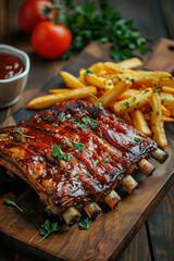 Grilled pork rib and french fries on a wooden board
