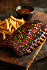 Grilled pork rib and french fries on a wooden board