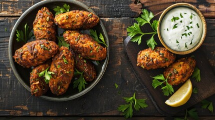Traditional kibbeh balls in a rustic bowl garnished with fresh parsley. - obrazy, fototapety, plakaty