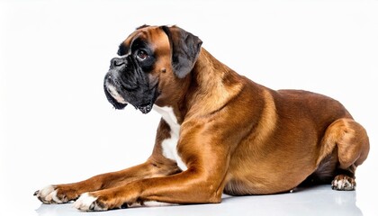 Obraz premium Boxer dog - Canis lupus familiaris - a medium to large short haired breed of domestic animal, brown and black colors isolated on white background, laying on floor