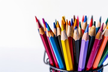 Fototapeta premium Background with group of colored pencils of various colors in a penholder on a white. Top view. Horizontal panoramic composition.