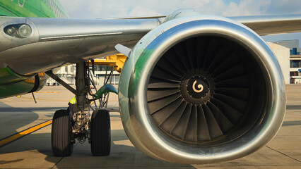 Aviation gas turbine engine preparing a cargo plane at the airport. airplane jet engine. aircraft...