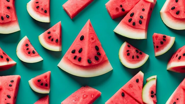 Creative pattern made of watermelon slices on blue background