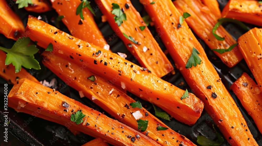 Wall mural Grilled carrot sticks with herbs and spices on a grill pan.