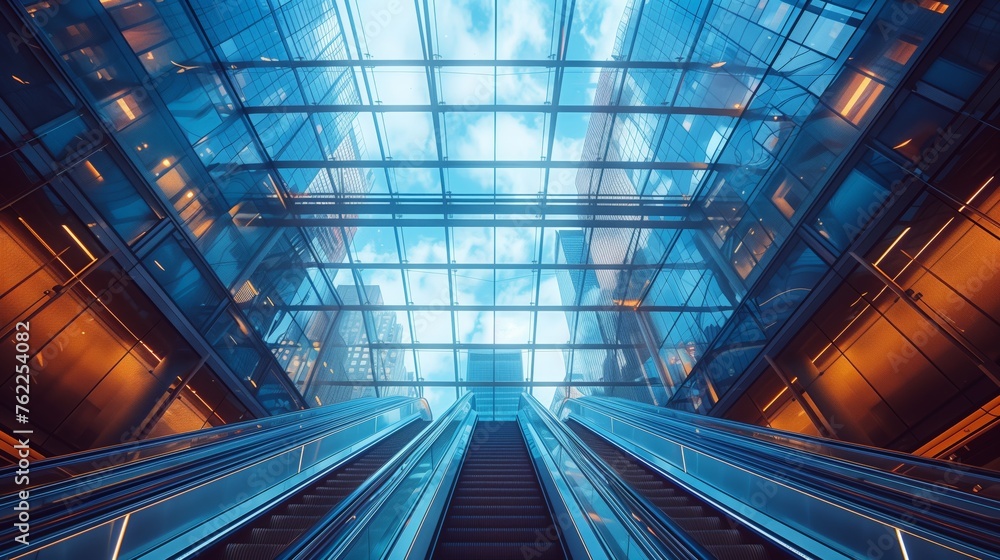 Poster modern escalator in large building with windows