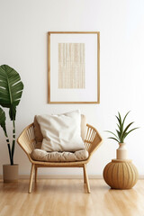 Lose yourself in the boho vibes contemporary living room, wicker chair, floor vases, and a blank mockup poster frame against a crisp white wall.