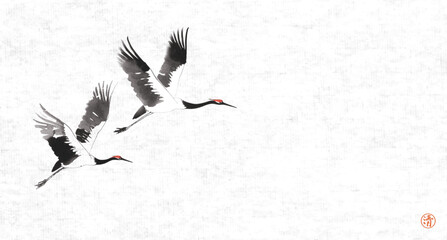 Ink wash painting with cranes in flight on rice paper background. Traditional oriental ink painting sumi-e, u-sin, go-hua. Hieroglyph - clarity - 762254213