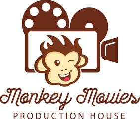 Creative and unique logo template of monkey face with a movie camera.