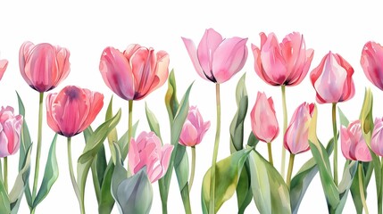 Tulips. Spring flowers. Watercolor elegant bright illustration of floral seamless pattern, frame, border, leaves, logo for abstract greeting card, wedding invitation or background 