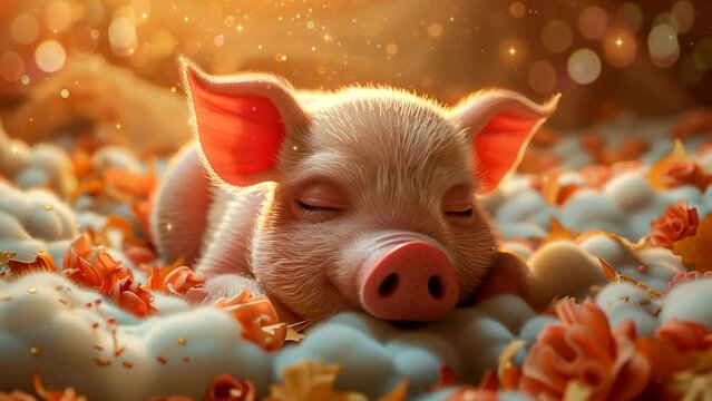 A cute baby pig sleeping peacefully on a cloud with a starry night sky background. seamless looping 4k time-lapse animation video background