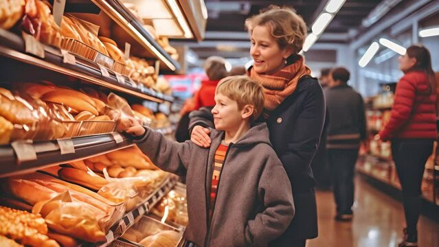 Smiling mother and son shopping in the supermarket