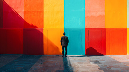 A man stands in front of a colorful wall with a door in the middle. The man is looking at the door, possibly contemplating whether to enter or not