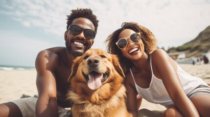 A happy smiling African American black couple with their beloved golden retriever dog on a seaside beach in summer. Travel, Vacation concepts. - obrazy, fototapety, plakaty