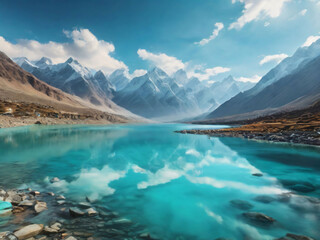 Landscape of Roerich. Akkem Valley. In the background is Belukha Mountain. A beautiful autumn landscape, a view of the mountain lake, Russia, Siberia, Altai, Katunsky ridge.
