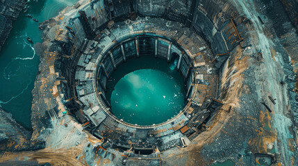 A large, circular body of water with a greenish tint. The water is surrounded by a large, empty building