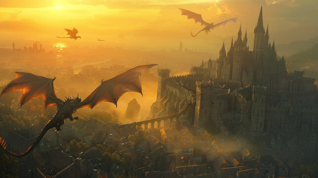 Fantasy cityscape at sunset with dragons flying over a majestic castle and medieval town bathed in golden light, surrounded by mountains.